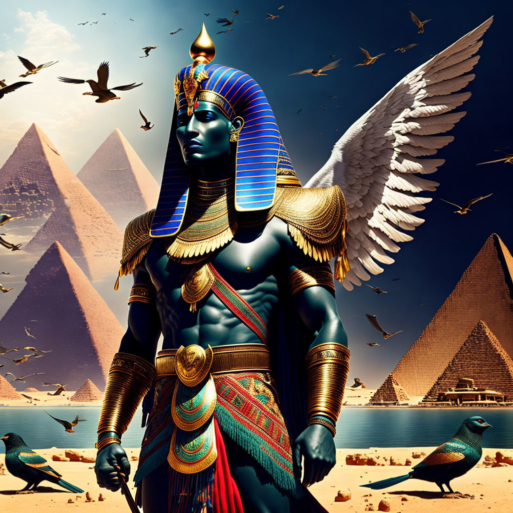 Winged pharaoh-like figure with birds and pyramids in digital art