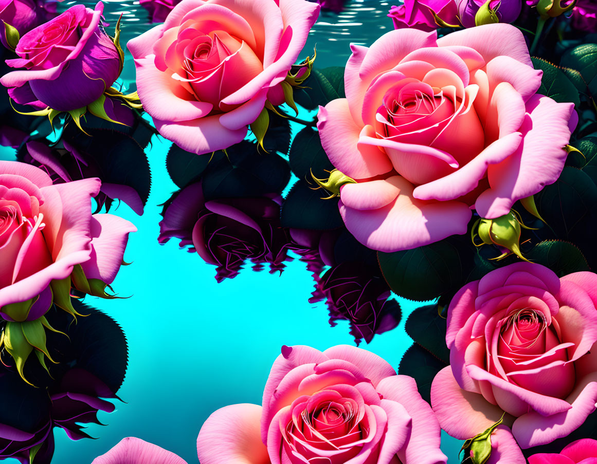 Pink Roses with Dark Edges on Turquoise Surface