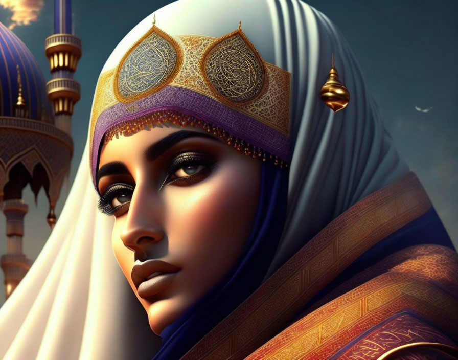 Woman in white hijab with golden tiara against elegant domes