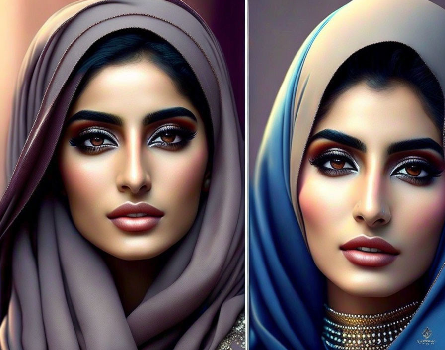 Woman portraits with dramatic makeup and headscarves, beige and blue, digitally illustrated.