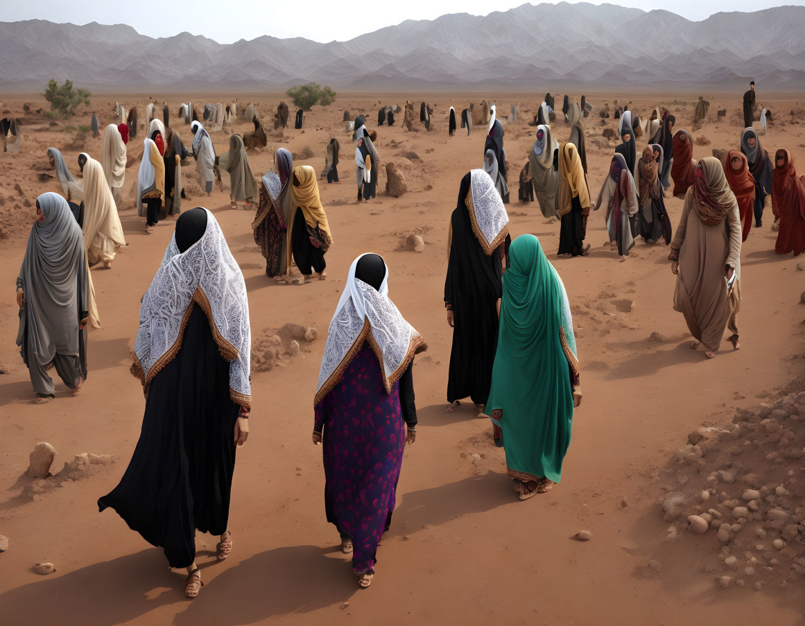 Group of Women in Traditional Attire Walking Through Desert Landscape