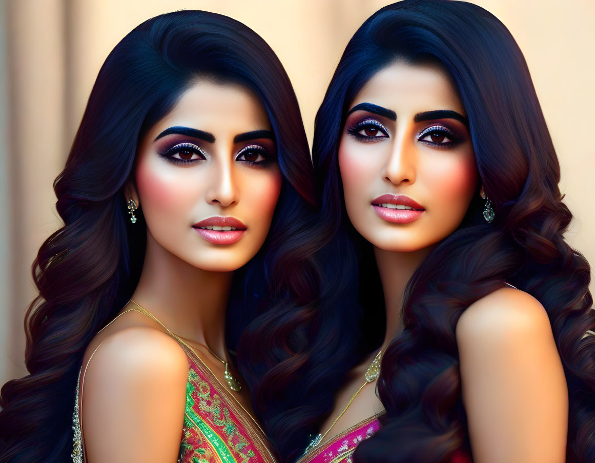 Two Women with Dark Hair and Smoky Eye Makeup in Traditional Attire