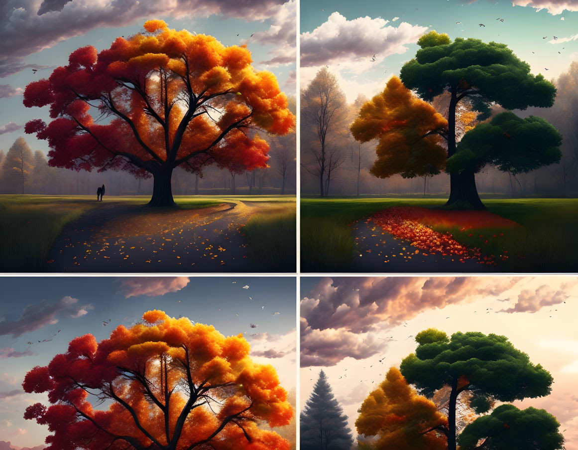 Depiction of four seasons with solitary tree and person in serene scenes