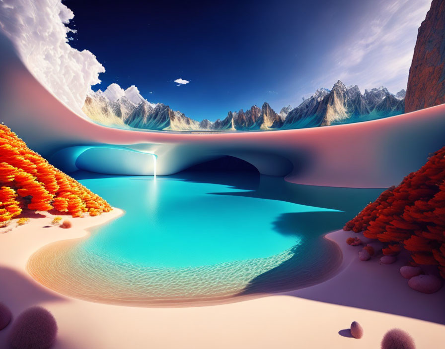 Surreal landscape with turquoise lake, land bridge, colorful flora, sharp peaks.