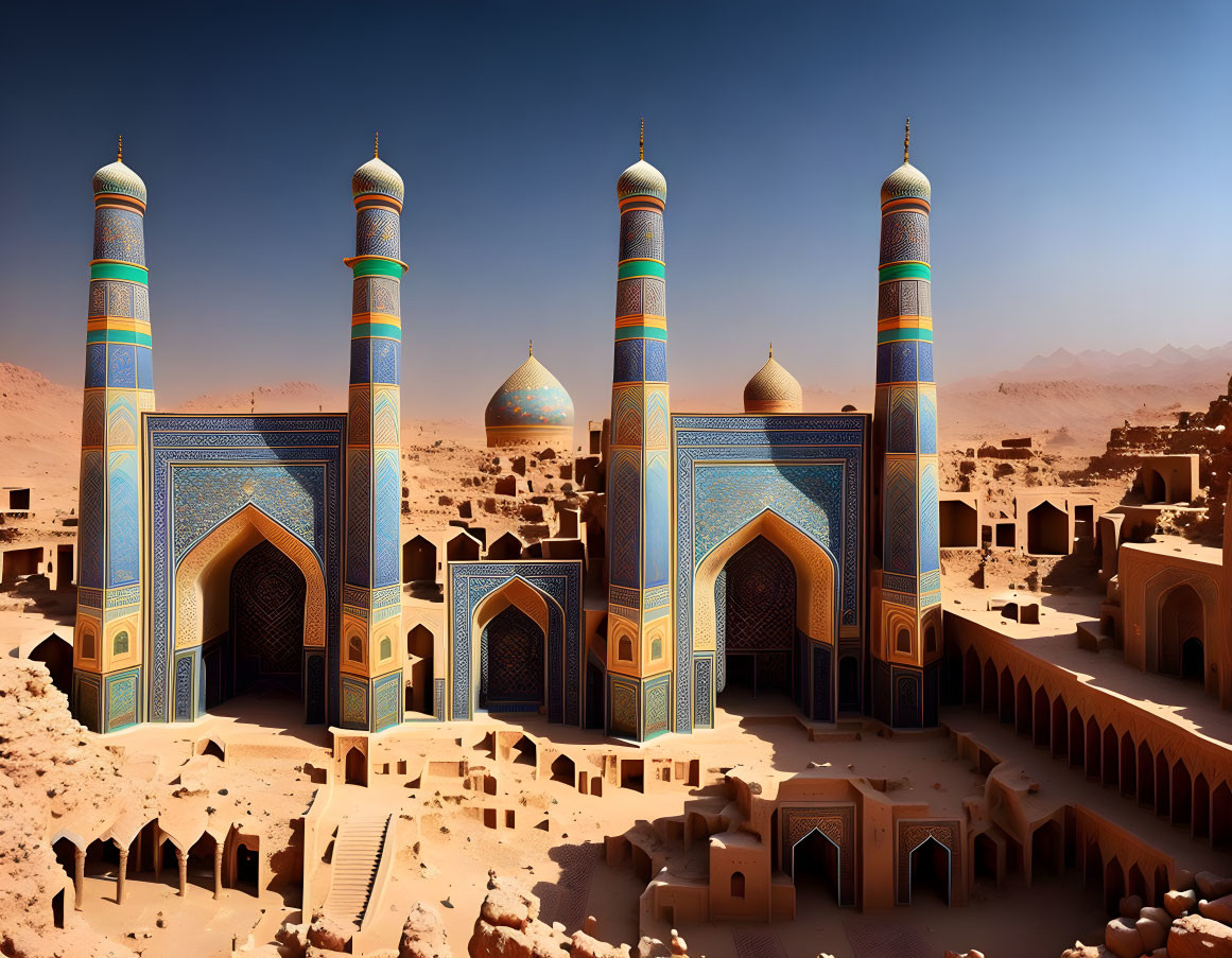 Ornate blue and turquoise mosque with towering minarets in desert landscape