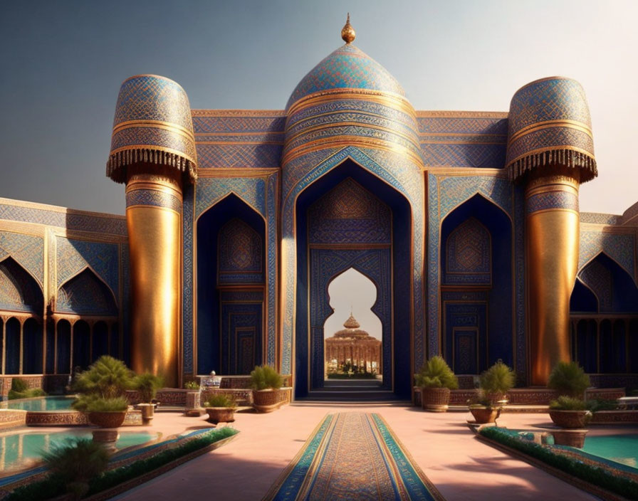 Ornate blue and gold mosque with arches and minarets