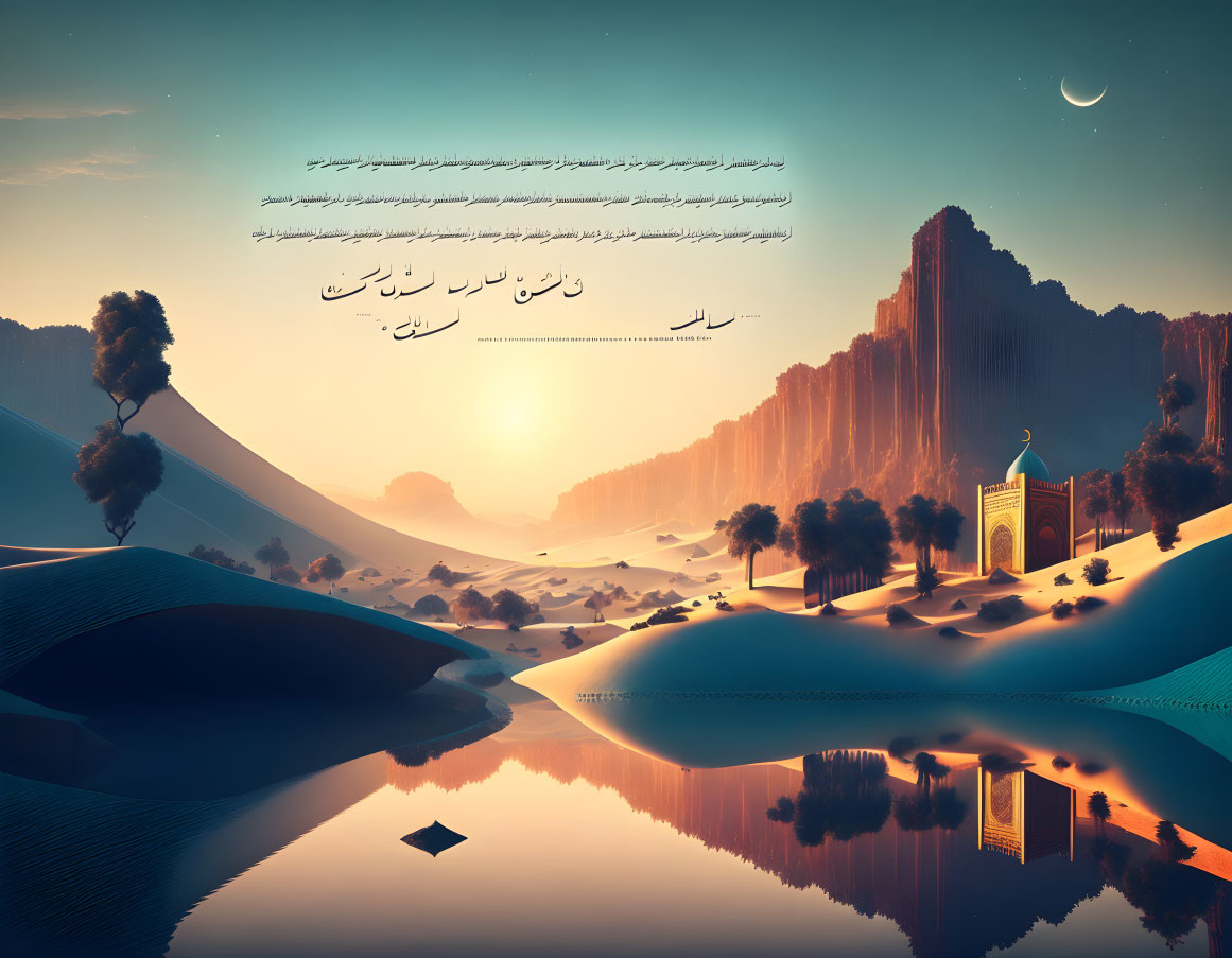 Surreal desert landscape: sunset, reflective water, cliffs, crescent moon, Arabic script.