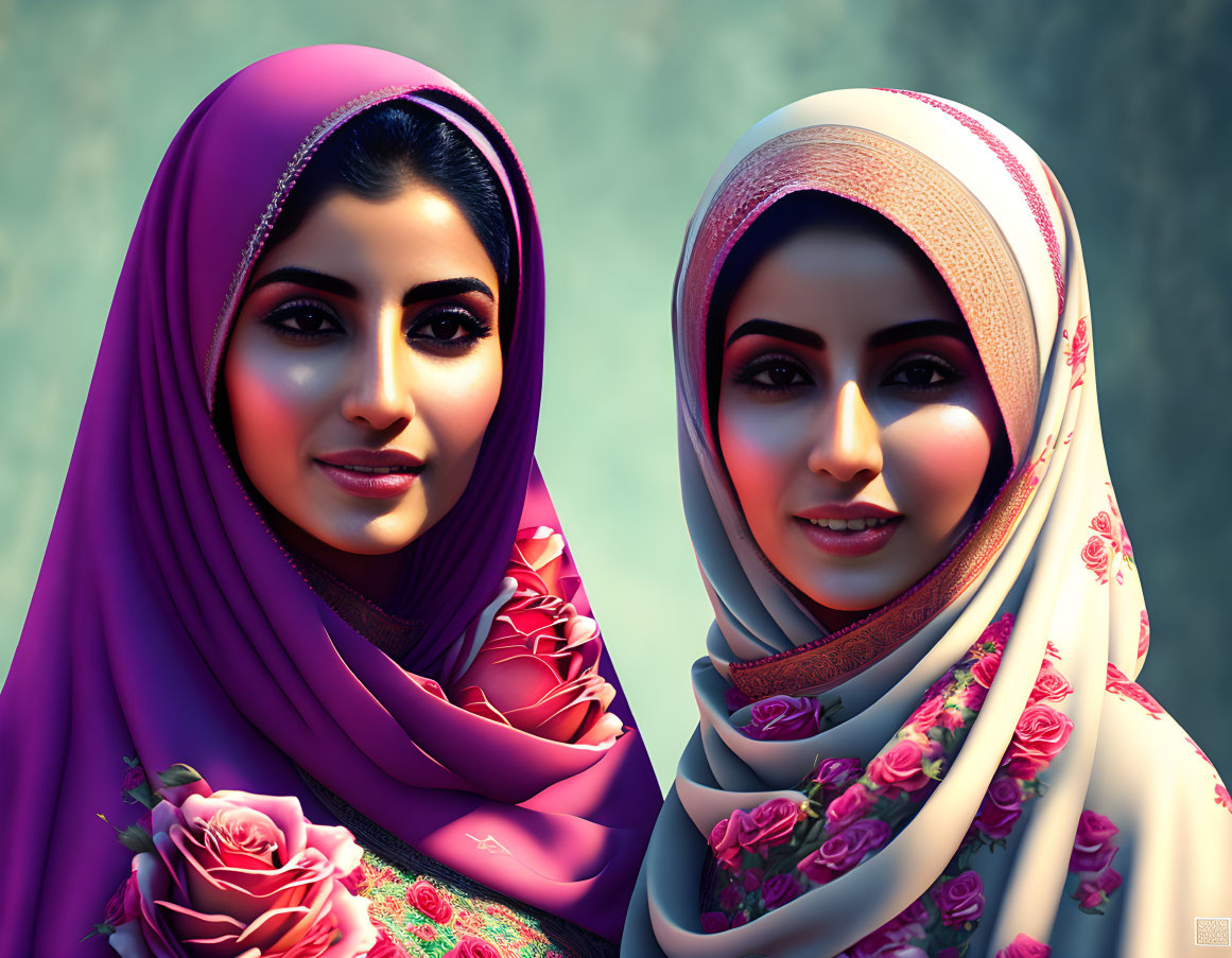 Two women in headscarves, one violet and one cream with floral patterns, in soft-focus setting