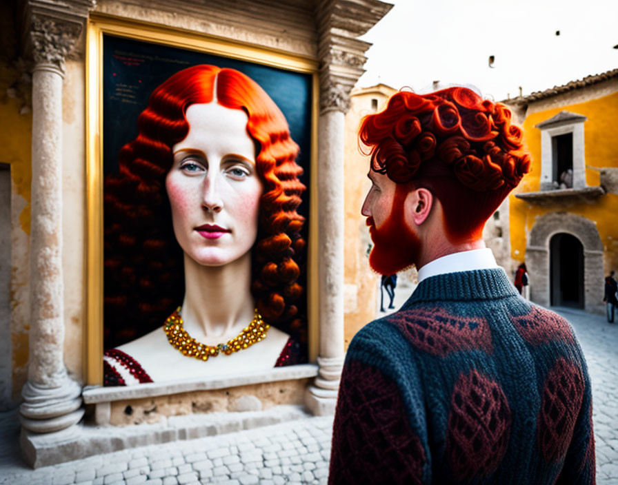 Curly Red-Haired Man Staring at Portrait Outdoors