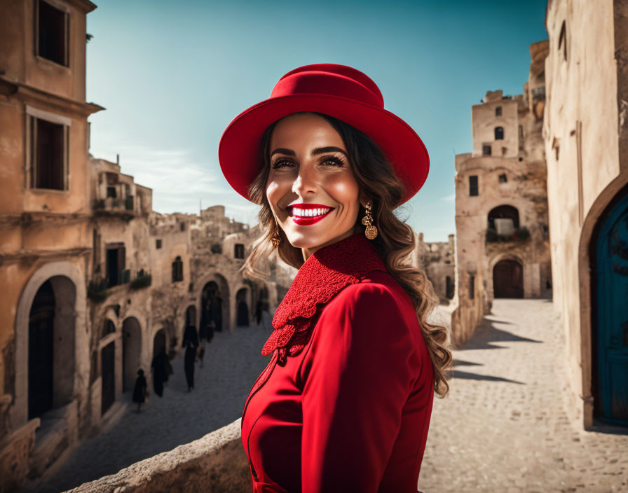 Stylish woman in red hat and coat in historic town scene