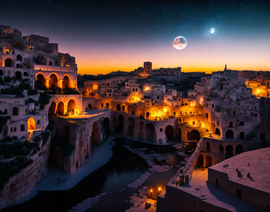 Ancient cave city illuminated by warm lights under starry sky