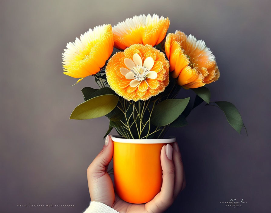 Hands holding white and orange vase with orange flowers on muted background