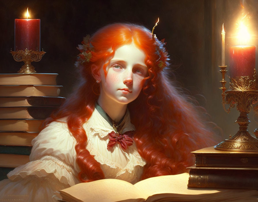 Red-haired girl in white dress by table with candles and books