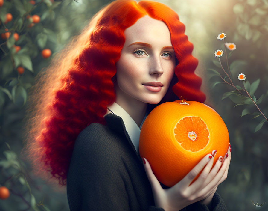 Vibrant red-haired woman holding large orange in garden with matching flowers