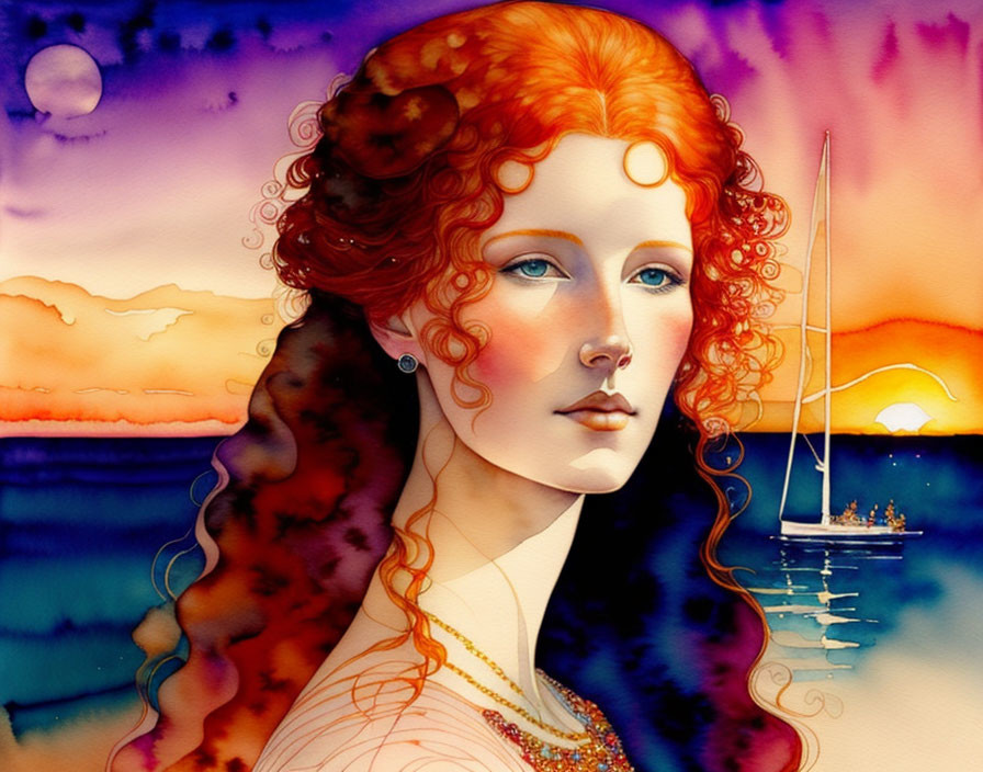 Illustrated woman with curly red hair in sunset scene with sailboat and moon