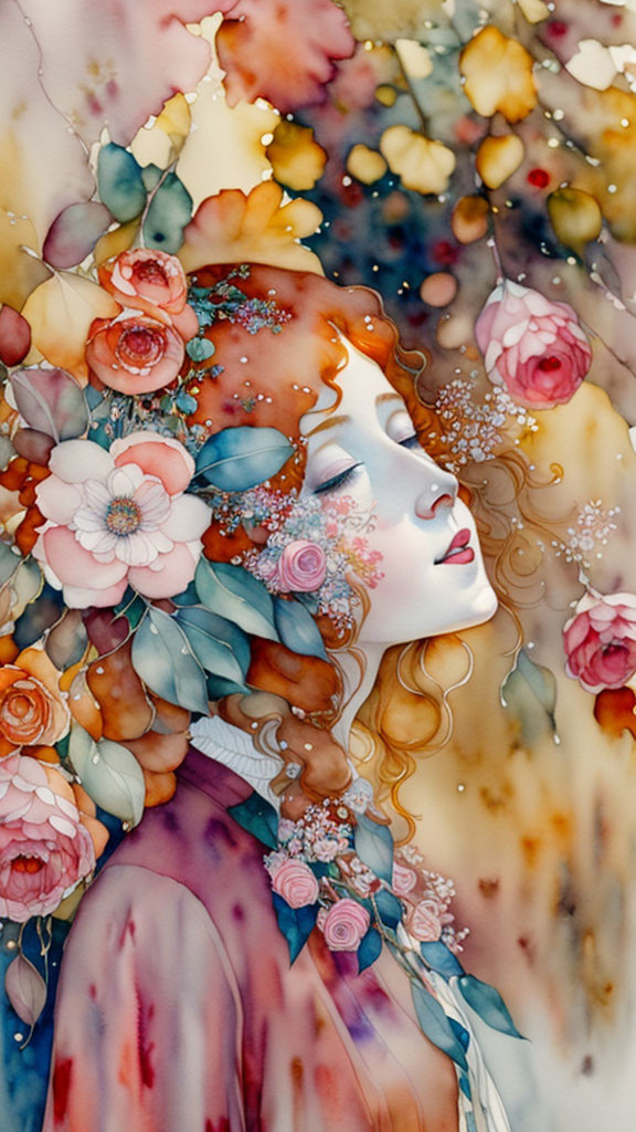 Woman Surrounded by Floral Motif in Vibrant Watercolor