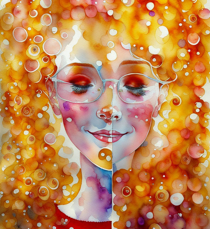 Illustration: Woman with Curly Red Hair and Glasses Amid Colorful Bubble Circles