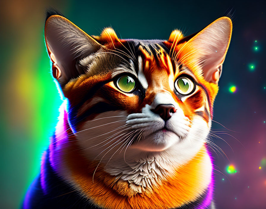 Colorful Cat with Orange and Black Stripes on Rainbow Background