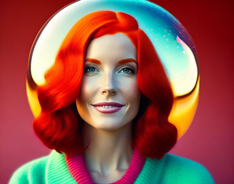 Red-haired woman in cosmic bubble helmet smiles on red background