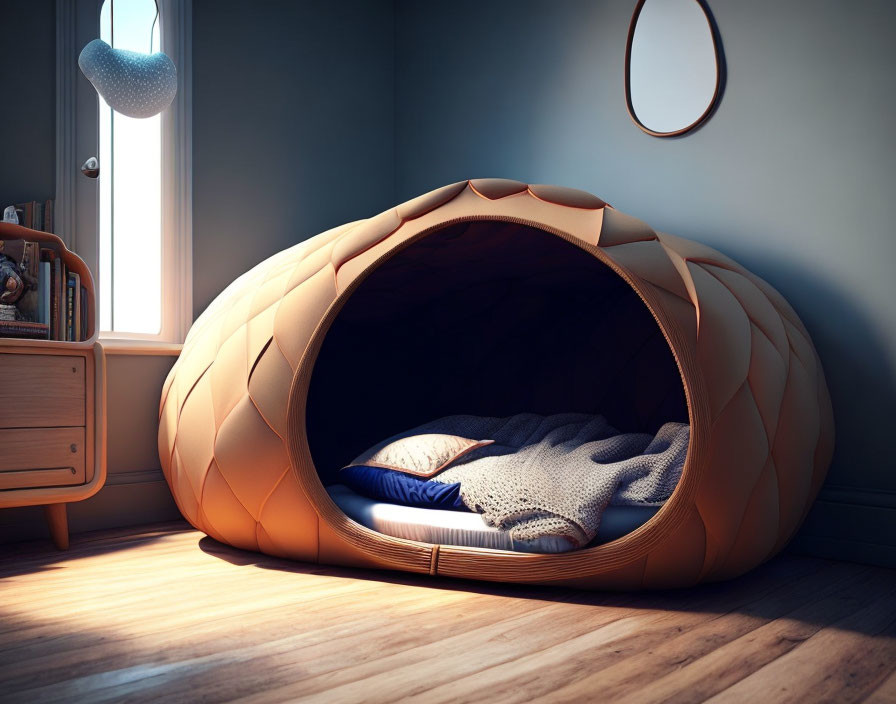 Modern pod-like bed in cozy wooden-floored room with floating lamp