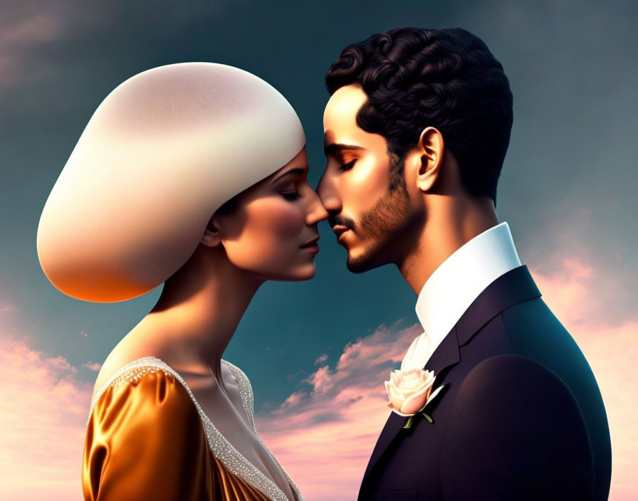 Stylized 3D illustration: Man and woman in elegant attire kissing at dawn/dusk