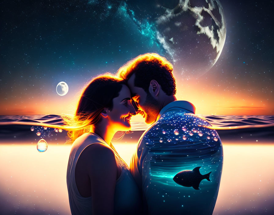 Romantic couple embracing in surreal sunset with whale and planets