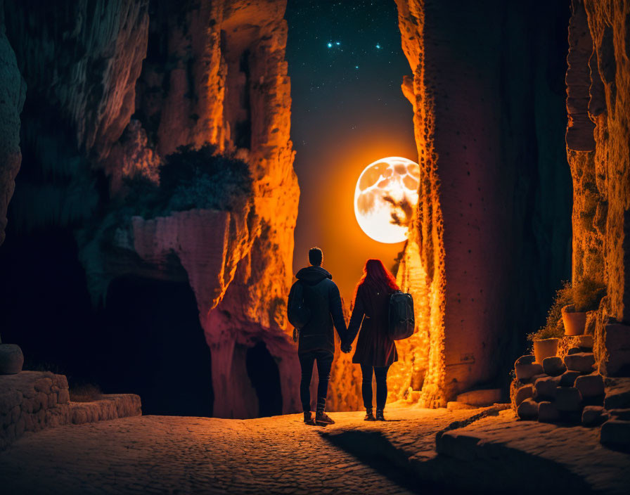 Couple walking towards luminous full moon in narrow canyon path