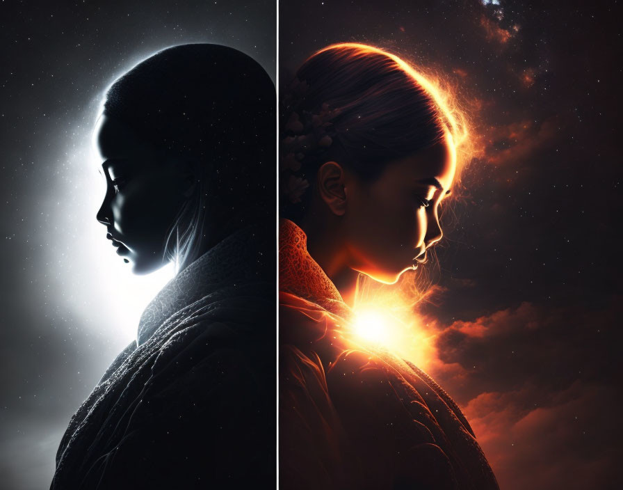 Split image: Woman's silhouette against dark starry background, contrasting with illuminated profile on the right