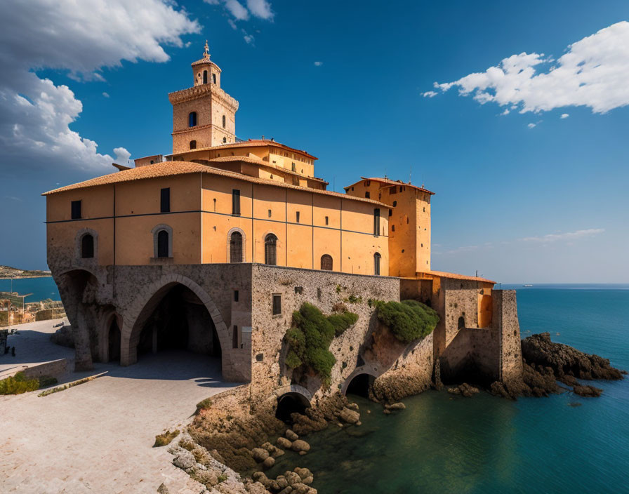 Medieval fortress with bell tower by the sea under blue sky