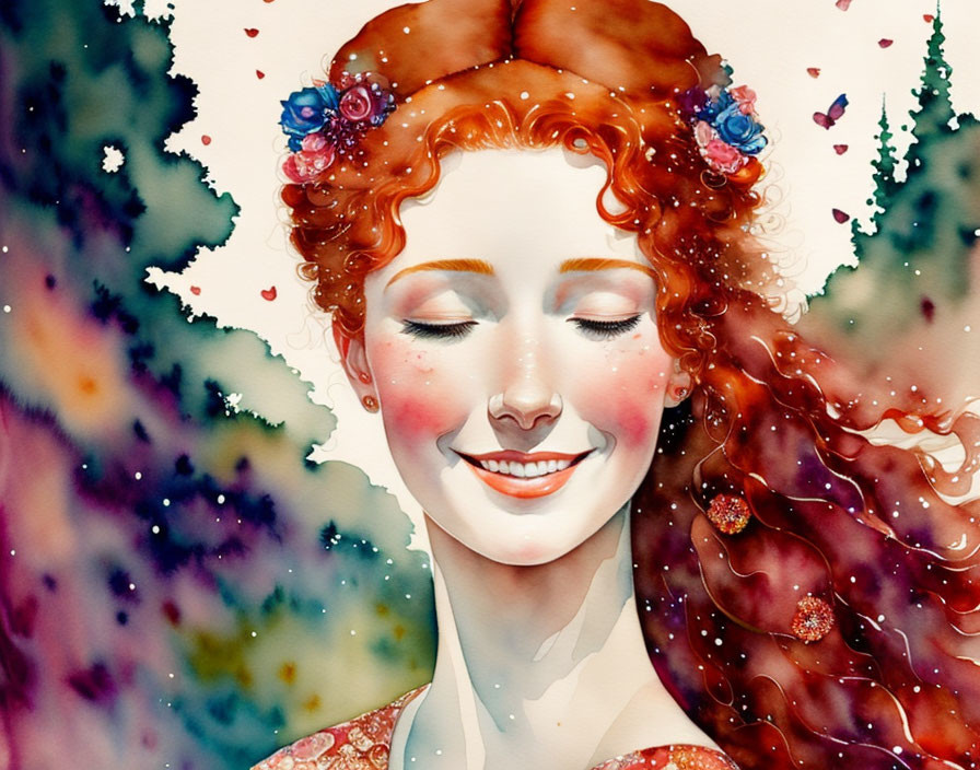 Vibrant illustration: Smiling woman with red hair in floral crown on starry watercolor backdrop