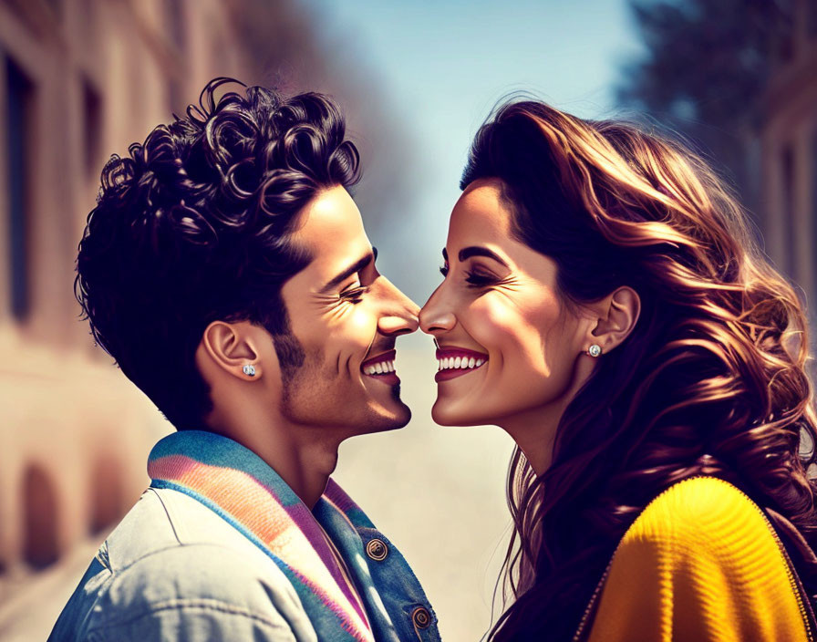 Smiling man and woman in affectionate pose outdoors