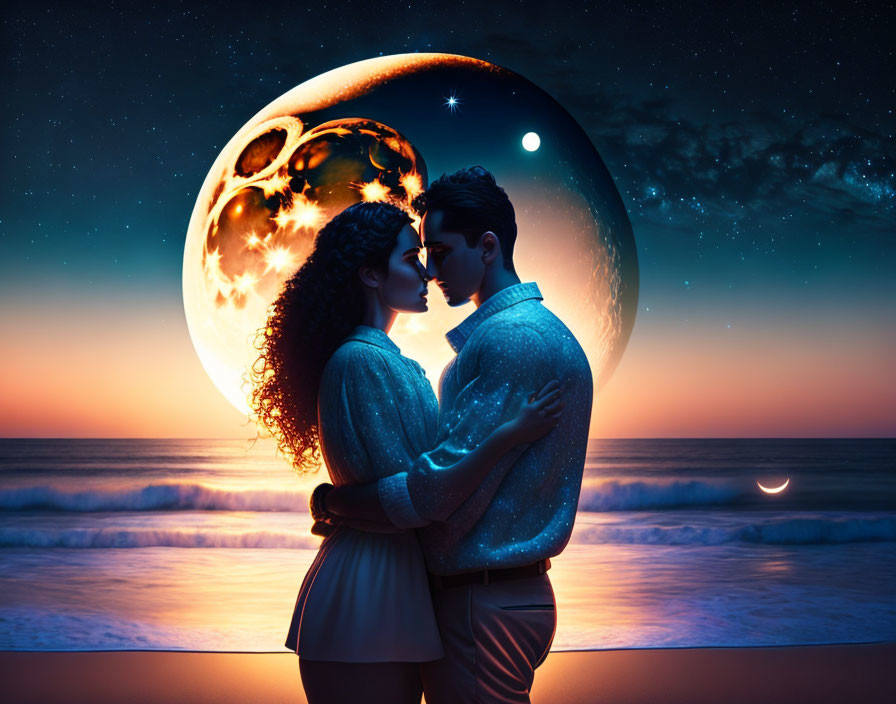 Silhouette of couple embracing on beach at twilight with oversized moon and stars