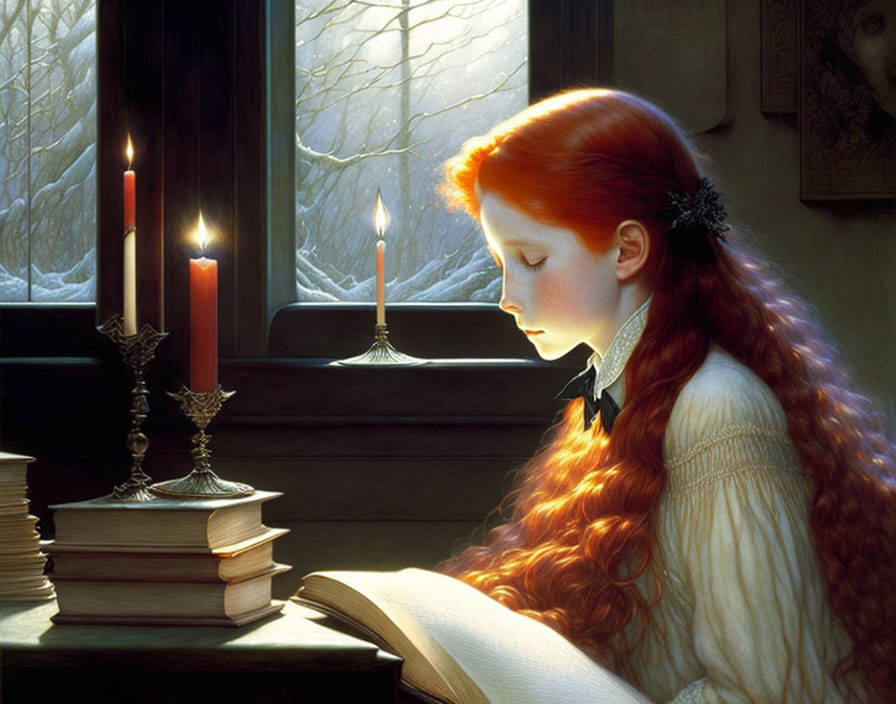 Red-haired girl reading book by candlelight near snowy window