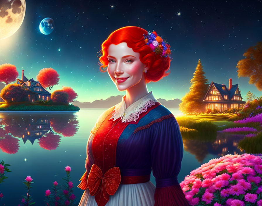 Red-haired woman in traditional dress by serene lakeside