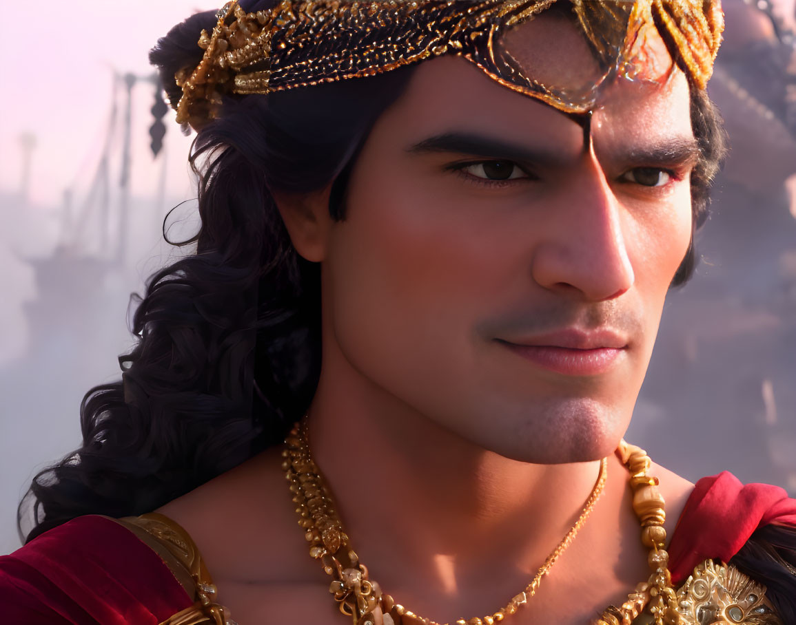 Animated film character with golden headpiece and textured hair on soft-focused background