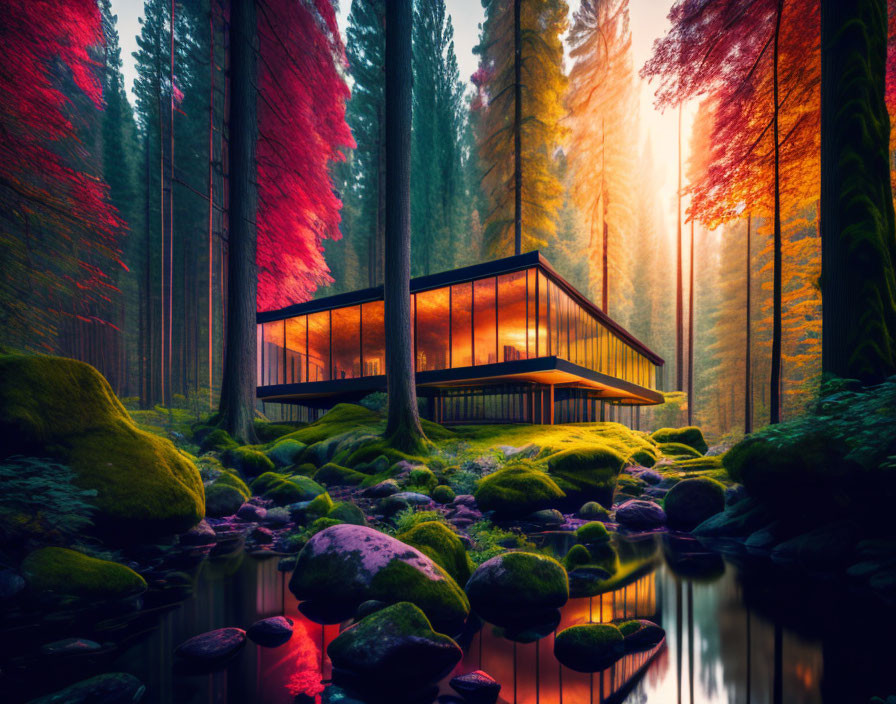 Glass house surrounded by colorful forest near stream in sunlight