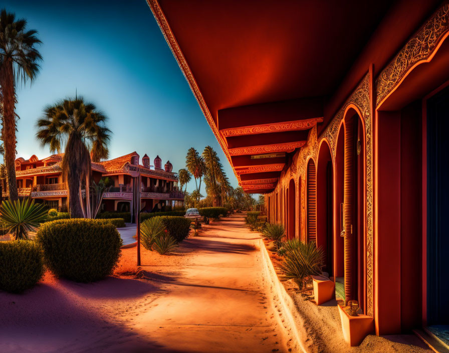 Sunlit Palm Tree Pathway Leading to Ornate Building Under Blue Sky