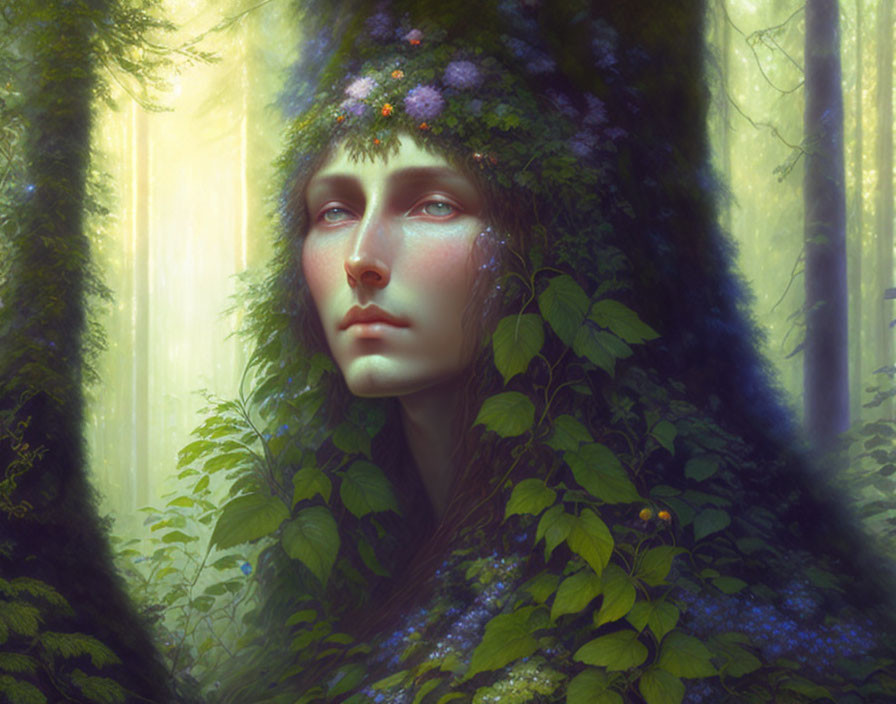 Forest spirit with greenery and flowers in hair in mystical woodland scene