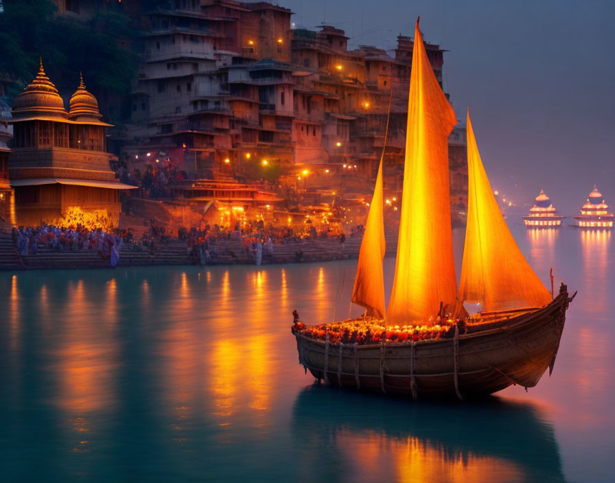 Sailboat on river at dusk with lit buildings and people by warm glowing sky