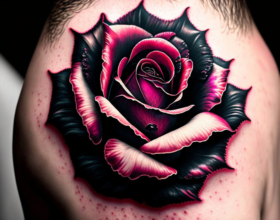 Detailed Red and Black Rose Tattoo with Thorn-Edged Petals