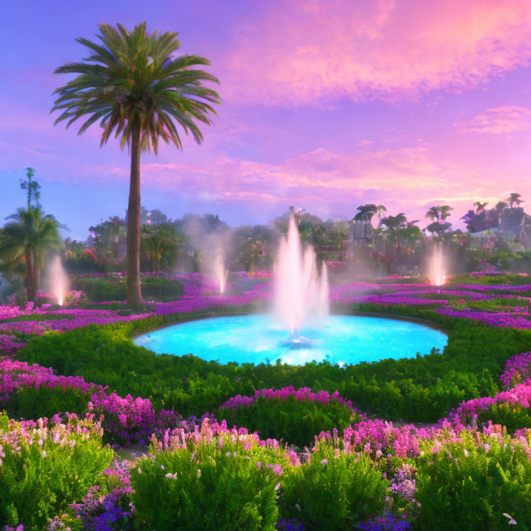 Lush Pink Flower Garden with Fountain at Dawn or Dusk