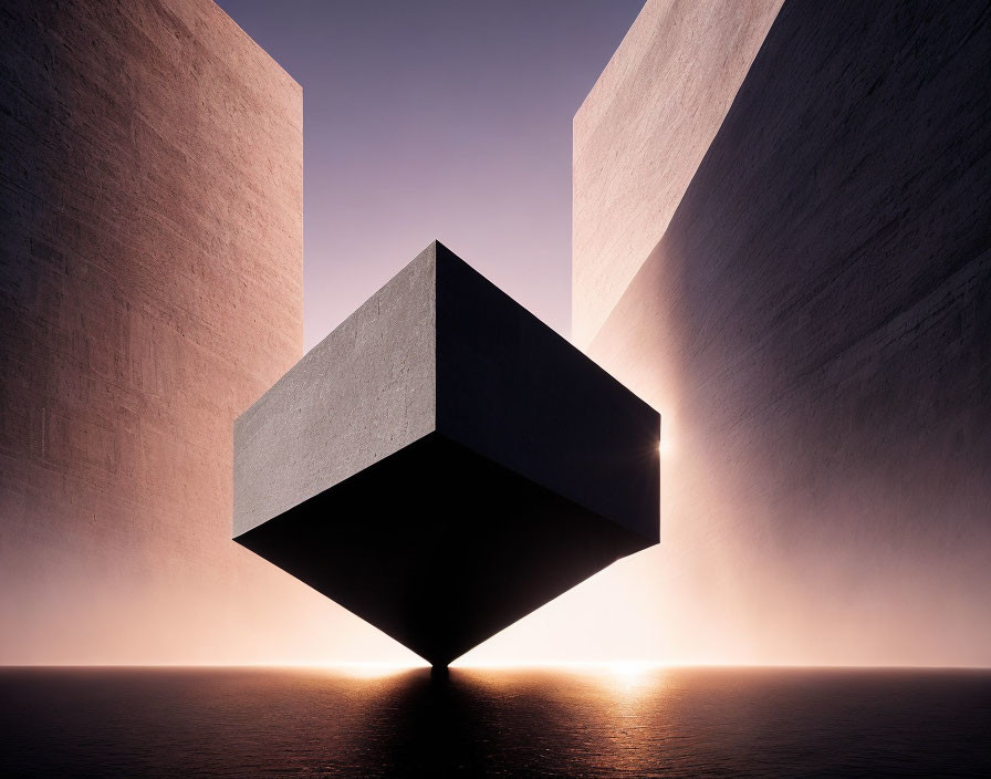 Levitating cube between vertical slabs at sunset