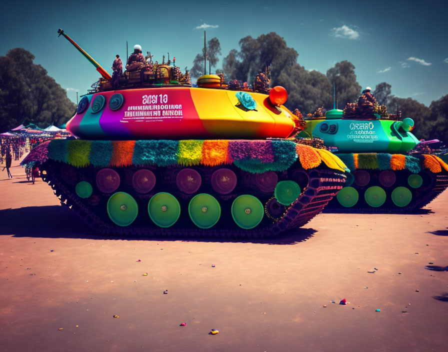 Colorful Military Tank with Pompoms and Text in Festive Setting