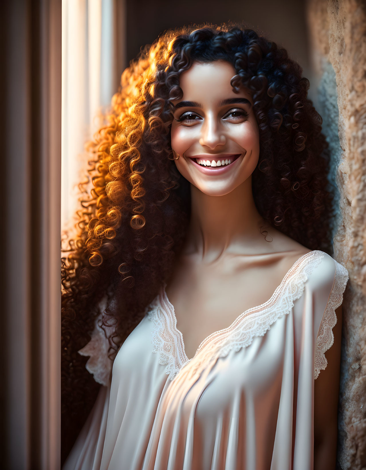 Curly-haired woman in cream dress smiling in warm window light