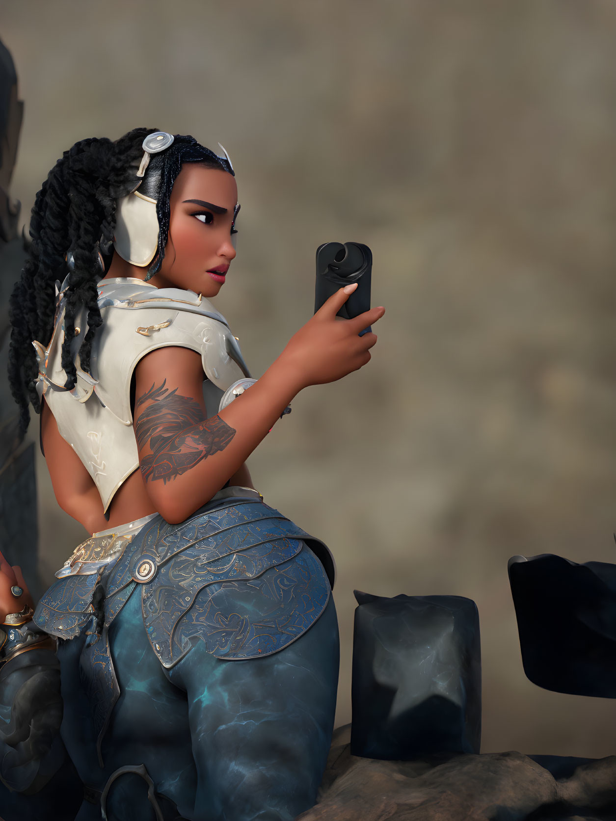 Character with braided hair, tattoos, futuristic armor, taking a selfie.