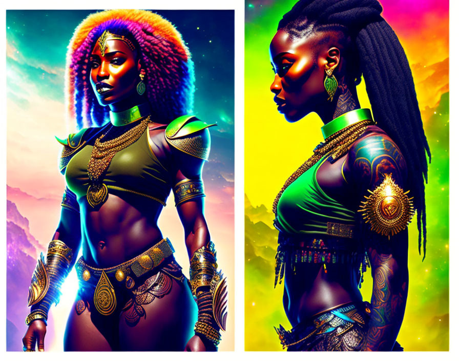 Stylized Afrofuturistic woman in vibrant digital portraits