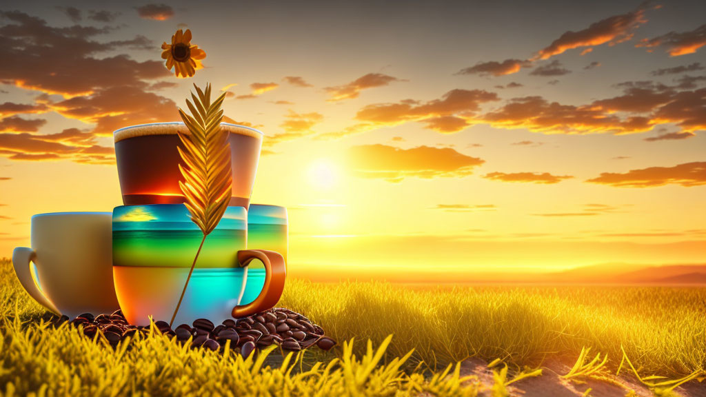 Colorful coffee cups with wheat stalk and beans on sunrise field.