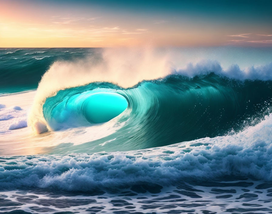 Majestic ocean wave with turquoise barrel at sunset