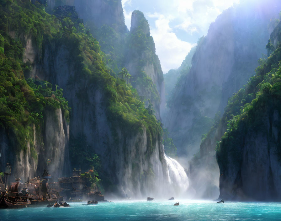 Majestic waterfalls cascade into tranquil lagoon with boats in misty light