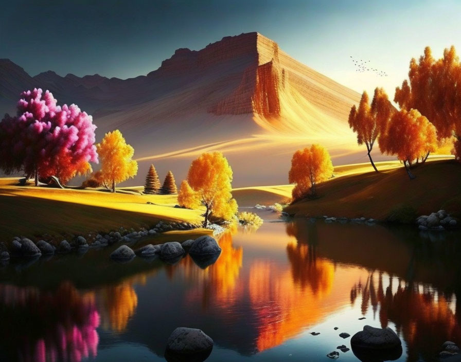 Tranquil landscape with reflective lake, colorful trees, and flat-topped mountain